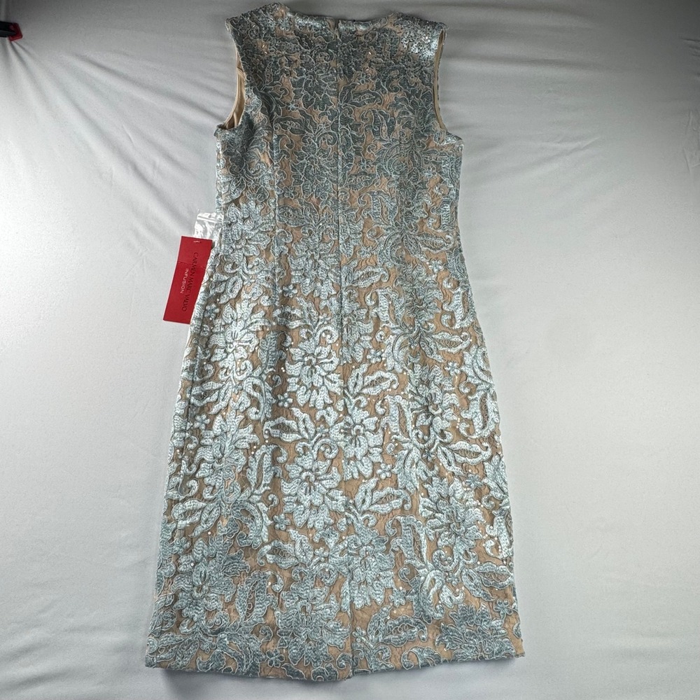 Carmen‎ Marc Valvo Infusion Silver Blue Lace Sequin Sheath Dress 8 661126 - Picture 10 of 12